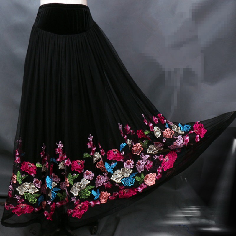 Black embroidery pattern long length competition performance professional flamenco ballroom dance skirts