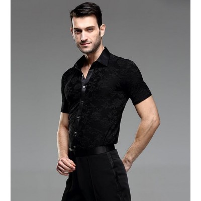 Black flowers short sleeves Waltz Latin Dance Top Men Latin Dance Shirts Men Ballroom Dance Shirts