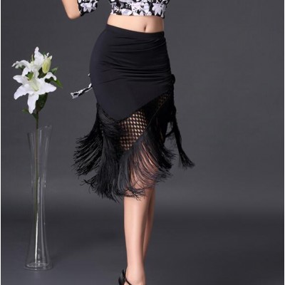 Black fringes mesh patchwork irregular hem women's girl's performance salsa chacha latin dance skirts
