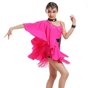 Black fuchsia neon green butterfly rhinestones girl's kids children cosplay competition performance latin salsa dance dresses
