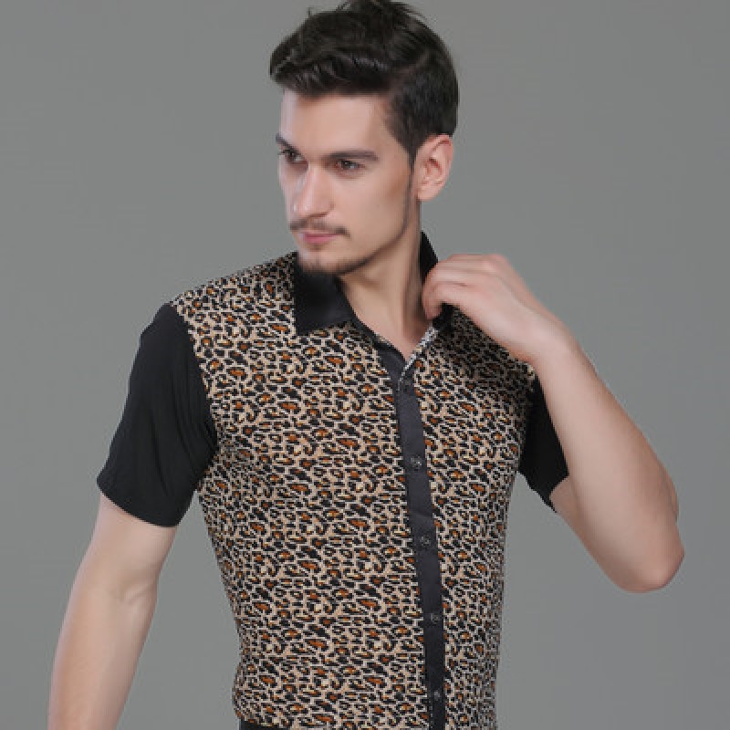 Black leopard printed short sleeves down collar men's male competition performance latin ballroom dance tops shirts