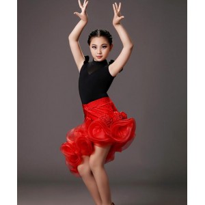 Black leotard top red  rhinestones skirt girls competition latin dance dresses outfits