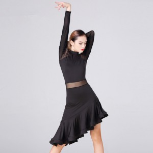 Black long sleeves tulle patchwork fashion women's female competition stage performance latin rumba salsa dance dresses
