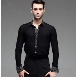 black New Man Ballroom Dance Tops Long Sleeve Mens Latin Shirts Lapel/Collar 50-90kg Practice/Performance Dancewear Top