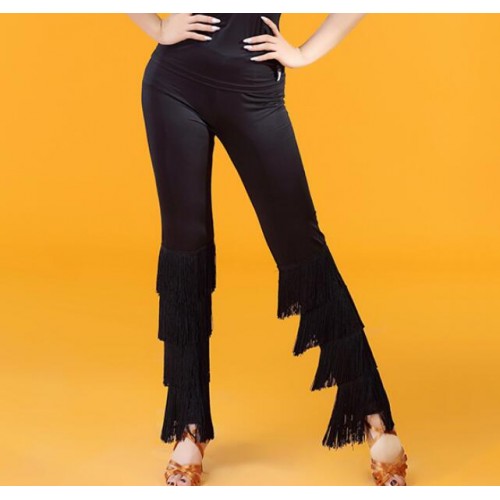 Black red fringes layers women's female competition stage performance latin ballroom dance leggings pants 