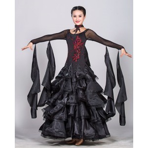 Black red fuchsia hot pink long sleeves competition stage performance professional long length women's female ballroom tango waltz dancing dresses