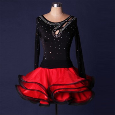 Black red fuchsia patchwork turquoise rhinestones competition long sleeves performance latin salsa ballroom dance dresses