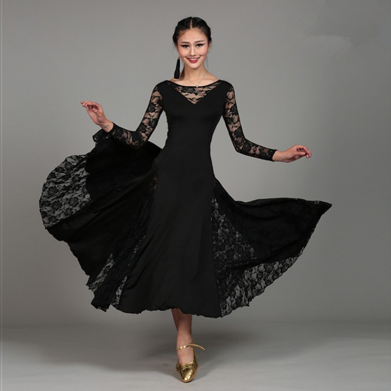 Black red fuchsia royal blue green turquoise lace patchwork long sleeves women's female competition professional ballroom tango cha cha dance dresses