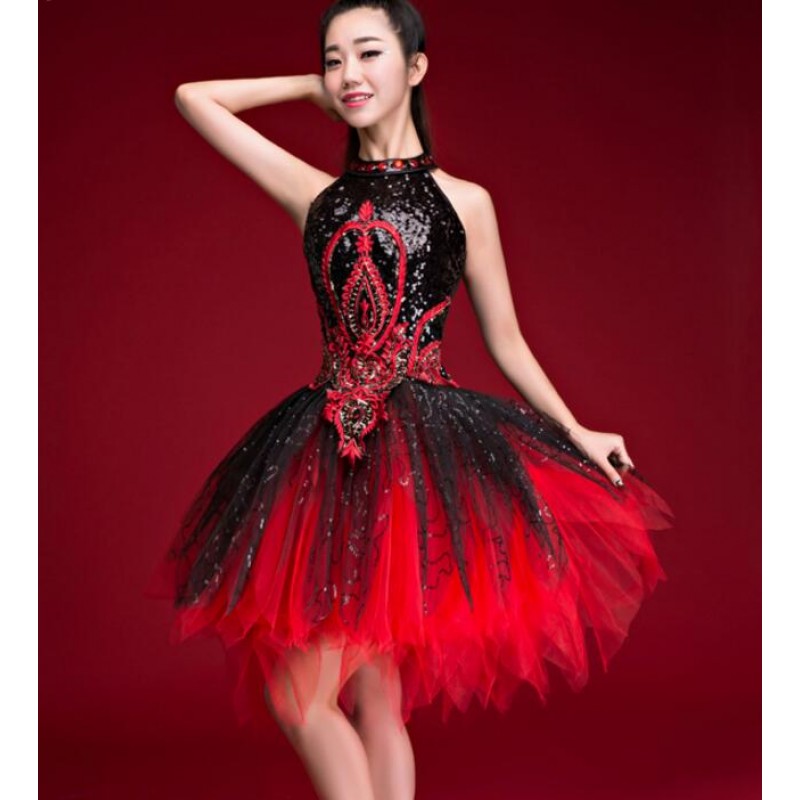  Black red gradient female singer party cosplay DS costumes DJ bar  ultra Sleeveless paillette  jazz dance clothing dresses