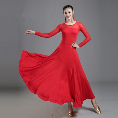 Black red long length tulle patchwork long sleeves fashion women's girls salsa cha cha rumba ballroom dance dresses