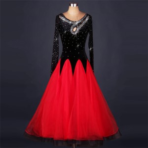 Black red patchwork long sleeves handmade stones stretchy long length competition women's ballroom tango waltz dance dresses