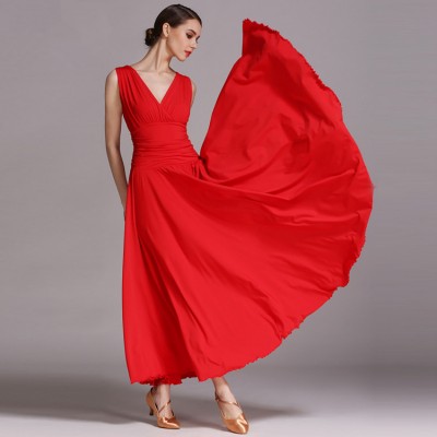 Black red royal blue fuchsia v neck sleeveless competition women's female ballroom flamenco waltz tango dance long dresses