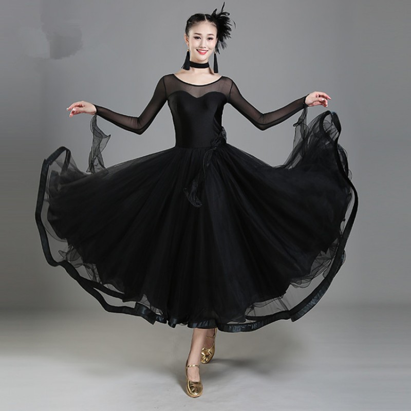 Black red royal blue long sleeves satin ribbon big skirted women's flamenco tango waltz ballroom dancing long dresses