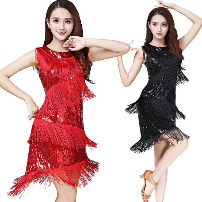 Black red royal blue sequined sexy cheap tassel latin dance dress ...