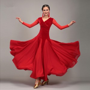 Black red velvet long sleeves v neck competition stage performance professional women's female ballroom tango waltz dancing dresses