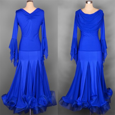 Black red violet purple royal blue long flare sleeves competition performance women's female ballroom dancing dresses