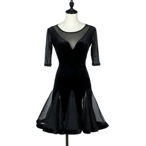 Black see through velvet short sleeves competition performance women's salsa cha cha ballroom latin dance dresses