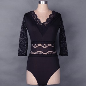 Black v neck long sleeves lace patchwork sexy fashion women's female competition gymnastics latin ballroom dance tops bodysuits