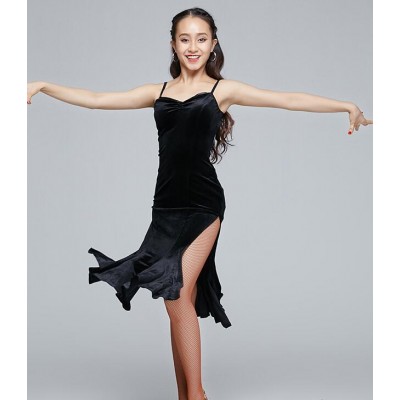 Black velvet Latin Dance Dress Women Salsa Samba Tango Ballroom Competition Costume Lady Dance Dresses
