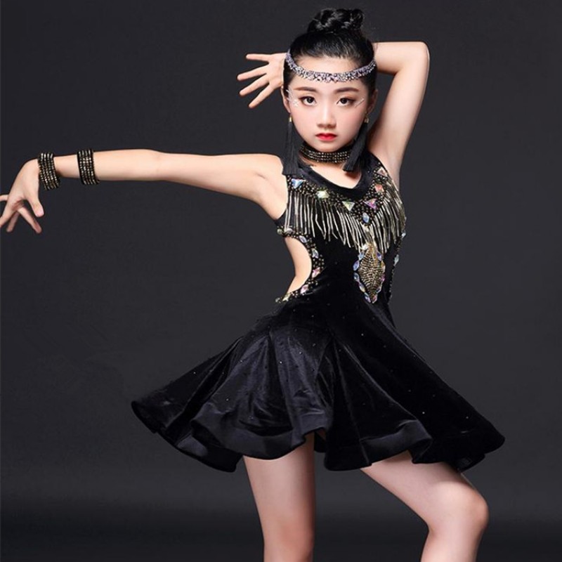 Black Velvet rhinestones beads fringes competition performance girl's kids children latin ballroom dance dresses