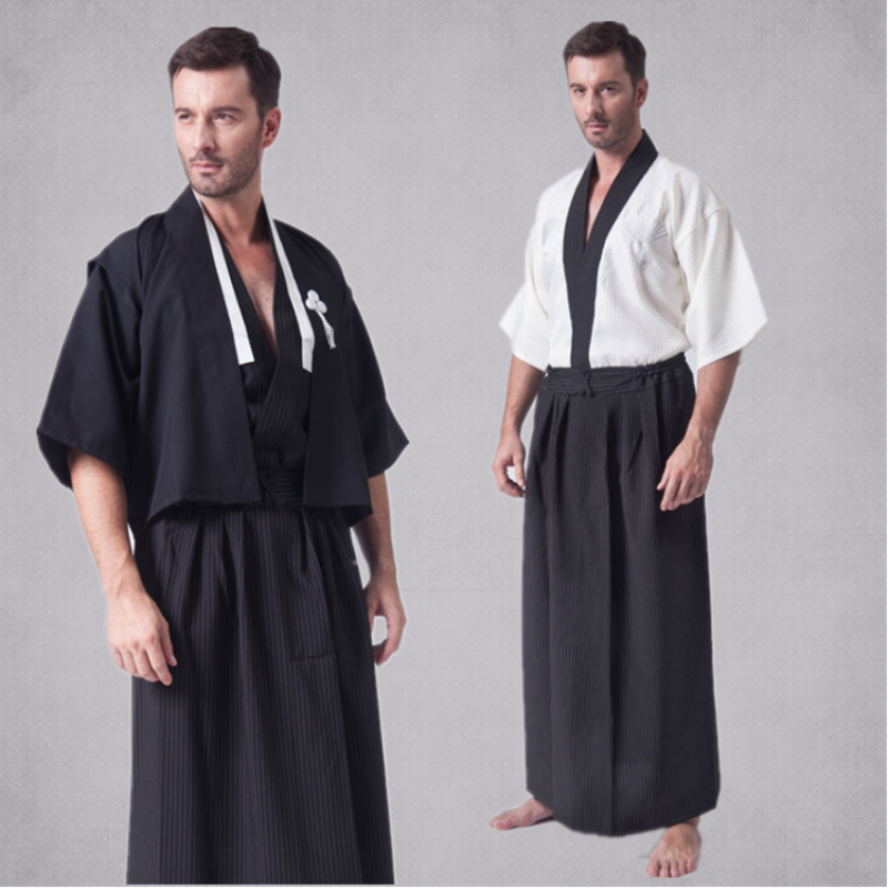 Black white Japan Tradition Japanese Kimono Men male Yukata Clothing  Vest Top Coat Skirt for film Cosplay Bathrobe Show
