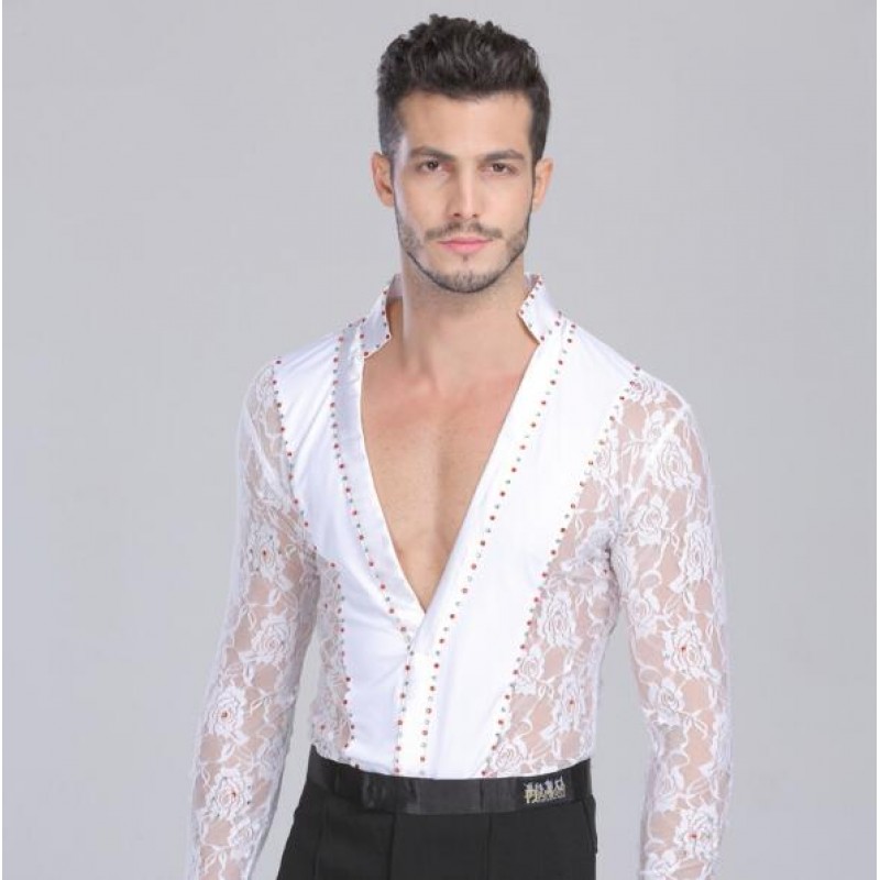  Black white lace competition rhinestones Waltz Latin Dance Top Men Latin Dance Shirts Men Ballroom Dance Shirts