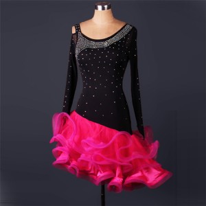 Black with fuchsia patchwork rhinestones competition long sleeves performance professional salsa cha cha rumba latin dresses