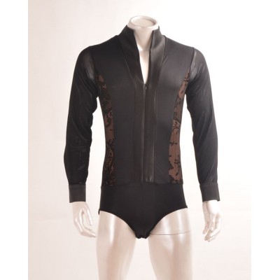 Black with lace patchwork long sleeves men's male adult performance professional competition ballroom latin dance tops leotards shirts