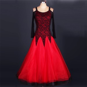 Black with red lace long sleeves competition performance lady female women's stage ballroom waltz tango dance dresses