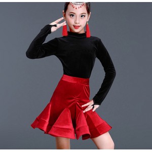 Black with red velvet latin dresses girl's kids children stage performance competition salsa chacha latin dresses