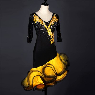 Black with yellow gold rhinestones competition professional female women's Latin dance dresses with ruffles irregular skirts