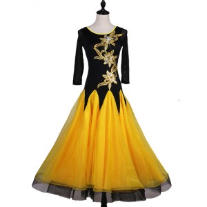 Black with yellow patchwork embroidery pattern long length long sleeves women's female ballroom tango waltz dancing dresses