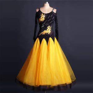 Black yellow gold white patchwork long sleeves rhinestones competition female women ballroom waltz tango performance dance dresses