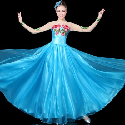Blue Chinese Classical Folk Dance Costumes Female  Yangko Dance Fan Dance Dress Women Fan Dance Stage Performance Clothing