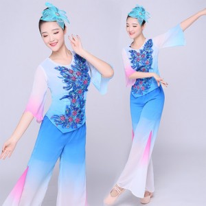 Blue gradient female Chinese Traditional Clothes Plus Size Chinese Yangko Dress Women Dance Costume Folk Square dance Top+Pant+Headwear
