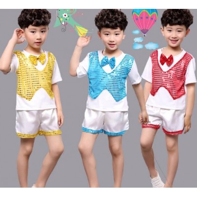 Blue red gold Children Sequin Jazz Dance Modern Dance Costume fashion boys hip hop dancing show play stage show outfits