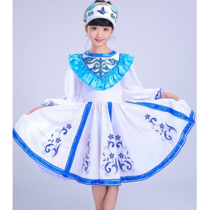 Blue turquoise gradient colored boys kids children girls performance Russian palace party cosplay folk dance dresses outfits