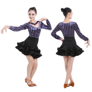 Blue velvet striped children Salsa Dress Child Girls Kids Latin Dresses Girls Latin Dance Costumes