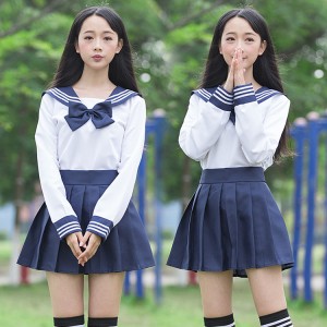 Blue white school uniforms girls sailor school uniform Japanese high school uniforms Korean school uniforms set skirts