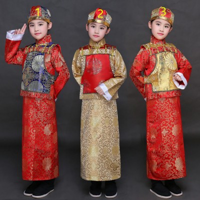 Boys folk dance costumes ancient qing dynasty traditional kids children emperor landlord drama film cosplay stage performance photos clothes