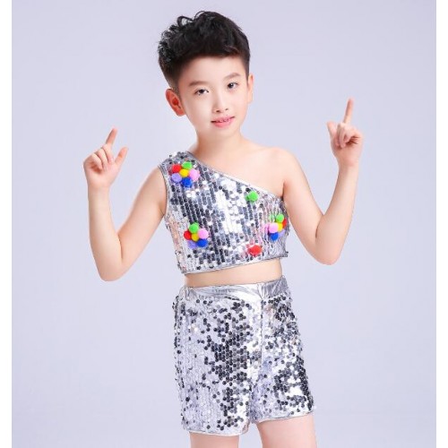 Boys girls jazz dance costumes sequined modern dance toddlers singers hip hop competition pink silver dance dresses