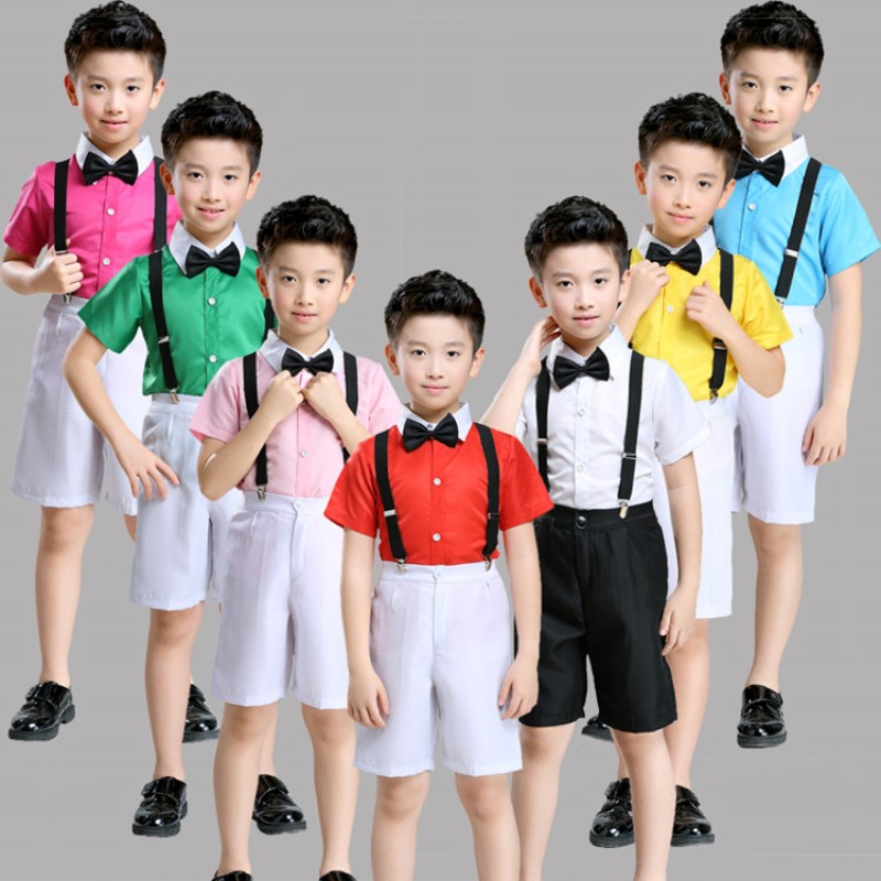 Boys school competition jazz dance costumes for kids children white green yellow pink blue chorus singers dancers modern dancing outfits