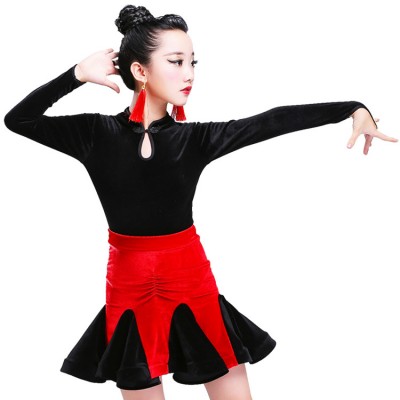 Children Black and red latin dresses kids girl's stage performance long sleeves turtle neck competition ballroom latin salsa dance dresses