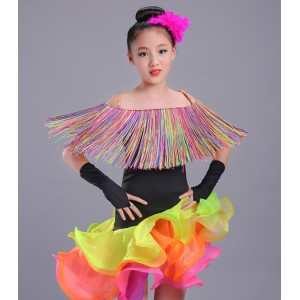 Children Latin Dance Dress rainbow fringes Girls competition Cha Cha Rumba Samba Ballroom Clothing For Dance Roupa Infantil Feminina