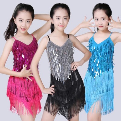 Children latin dresses sequined silver white gold red turquoise girls competition salsa chacha rumba fringes latin dance dresses