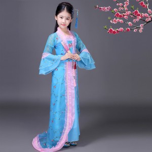 China folk dance costumes for girl's kids children blue stage performance ancient traditional princess fairy han cosplay dancing dress