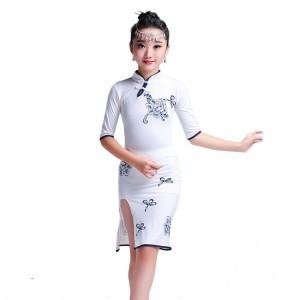 China style side split latin dresses girl's kids children stage performance competition cheongsam chacha rumba latin dance dresses
