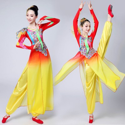 Chinese ancient folk dance costumes for women female red and gold gradient ancient traditional fairy drummer drama photos cosplay fan dance costumes