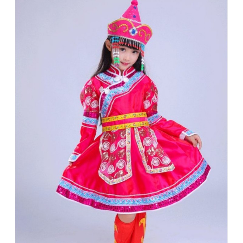 Chinese folk dance costumes for girl's children pink performance Mongolian competition dancing robes