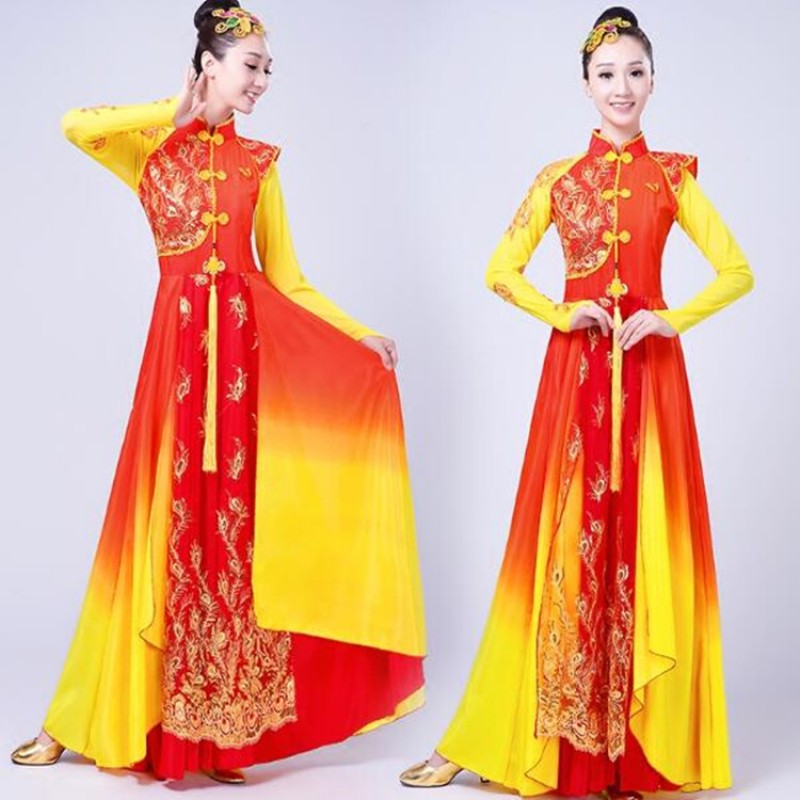 Chinese folk dance costumes for women female ancient traditional yangko fan performance cosplay red gold gradient color long dresses